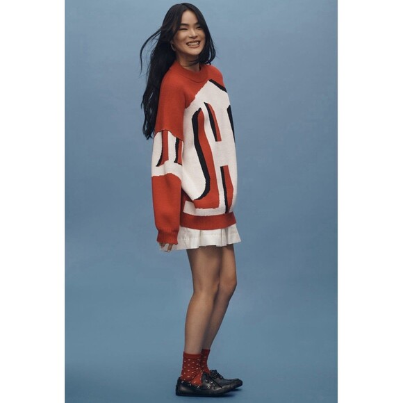 Anthropologie Maeve Oversized Graphic Monogram Sweater Sz XSP Red - Picture 1 of 10